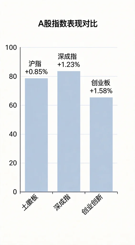 A股三大指数表现对比图,扁平UI设计展示沪指、深成指、创业板涨幅数据