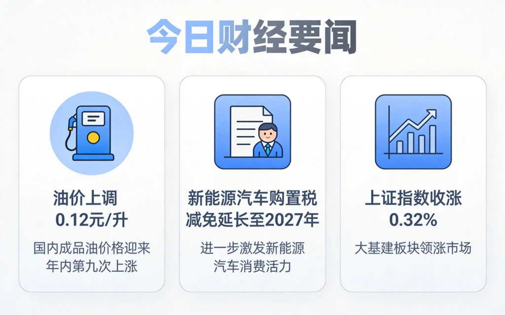 财经要闻信息图,扁平UI设计展示油价上涨、政策利好、股市反弹三大事件