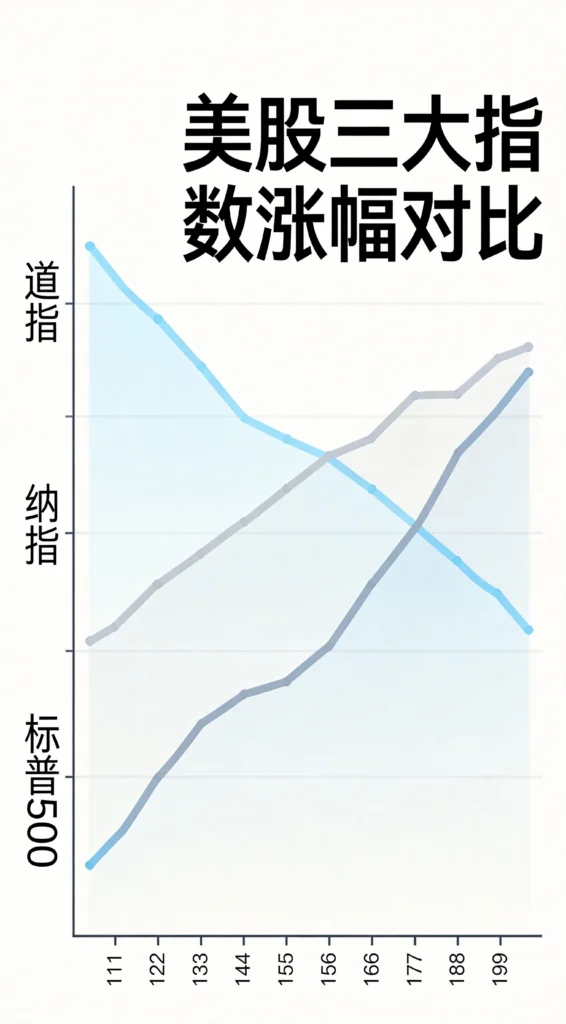 美股三大指数表现对比图，扁平UI设计展示道指、纳指、标普500涨幅数据
