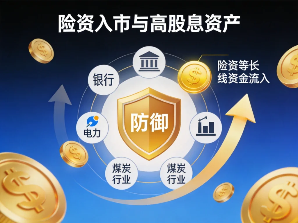险资入市与高股息资产概念图——金色立体盾牌中央标注"防御"二字,周围环绕银行、电力、煤炭等行业图标,金色金币散落四周,配以向上箭头象征资金流入,深蓝渐变背景营造专业金融氛围
