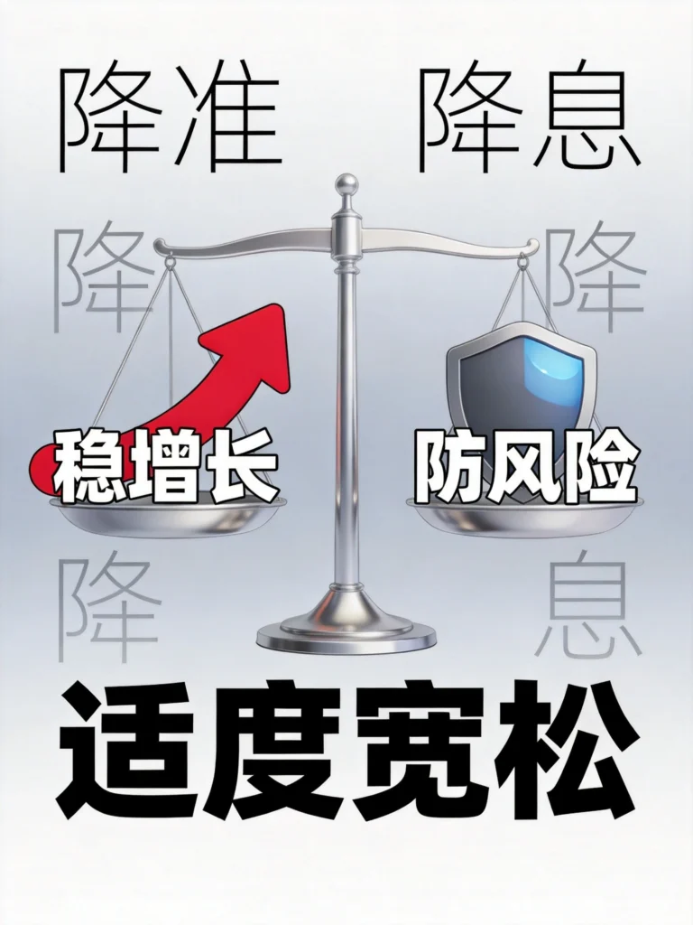 货币政策观察期概念图——浅灰渐变背景中,银色天平保持水平平衡,左侧托盘放红色向上箭头配"稳增长"文字,右侧托盘放盾牌配"防风险"文字,天平上方标注"降准""降息",底部显示"适度宽松"关键词
