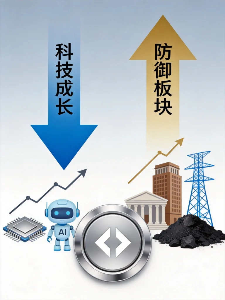 市场风格切换概念图——左侧蓝色向下箭头标注"科技成长",下方展示芯片、AI机器人图标;右侧金色向上箭头标注"防御板块",下方展示银行、电力塔、煤炭图标;底部中央圆形切换按钮,清晰呈现资金从成长转向防御的切换趋势