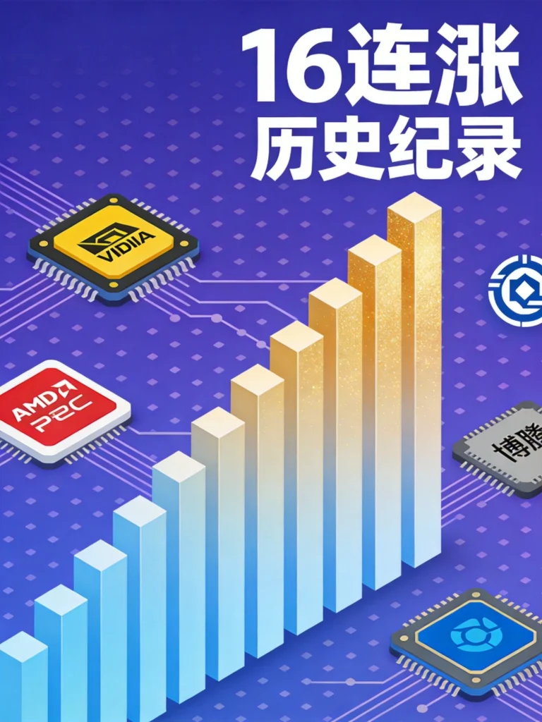 费城半导体连涨纪录概念图——紫色电路纹理背景中,12根柱状图从左下向右上依次升高,颜色从蓝色渐变到金色,周围分布英伟达、AMD、博通等芯片元素,右上角标注"16连涨 历史纪录"