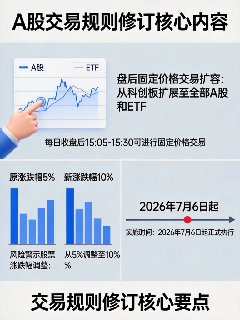 交易规则修订三大核心要点:盘后固定价格交易扩容、风险警示股票涨跌幅调至10%、7月6日起实施