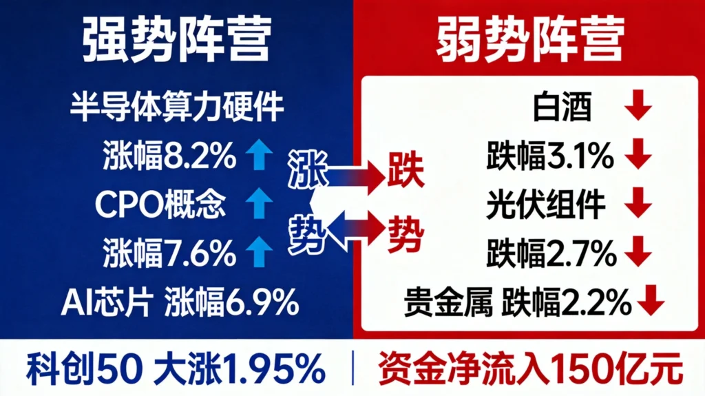 A股板块分化对比图,硬科技强势阵营与传统消费弱势阵营对比