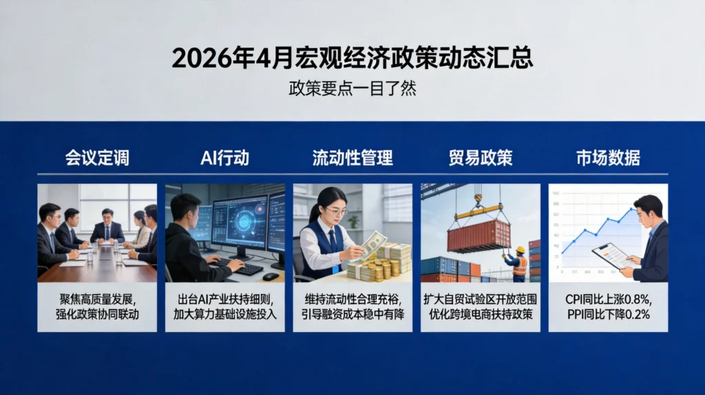 2026年4月宏观经济政策五大动态汇总图,含会议定调、AI行动、流动性管理等