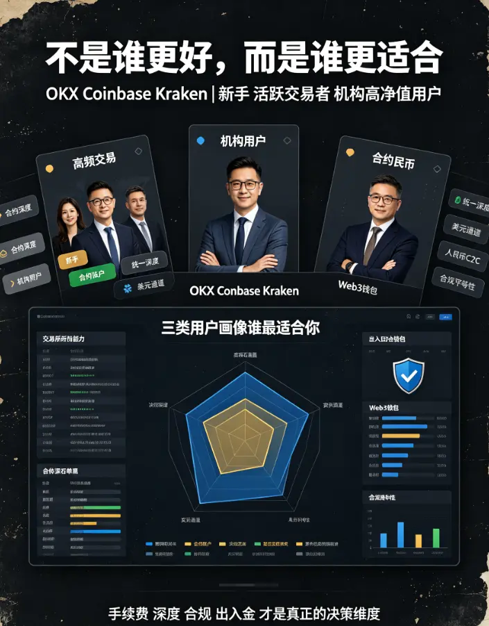 OKX、Coinbase、Kraken横向测评:三类用户画像,三大交易所谁最适合你?